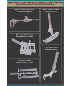 Плакат: Инструмент для текущего содержания и сборки рельсошпальной решетки при работе со скреплением АРС (600 х 900 мм, ламинированный, с пластиковым профилем и  крючком)