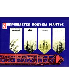 Плакат: Запрещается подъем мачты: скорость ветра более 15 м/с, гроза, ливень, гололедица, снегопад, 1 штука, формат А3, ламинированный