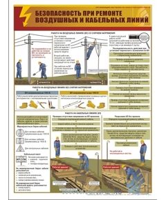 Плакат: Безопасность при ремонте воздушных и кабельных линий,1 штука, формат А2, ламинированный