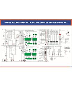 Плакат: Схема управления токоприемниками, вспомогательными машинами, освещением электровоза ЧС7 (600 х 900 мм, ламинированный, с пластиковым профилем и стальным крючком)