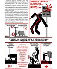 Плакат: Требования безопасности при эксплуатации электрооборудования в животноводстве  , 1 штука, формат А2, ламинированный - Энергетика, Электробезопасность, Плакаты (различные типоразмеры) -  1