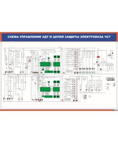 Плакат: Схема управления токоприемниками, вспомогательными машинами, освещением электровоза ЧС7 (600 х 900 мм, ламинированный, с пластиковым профилем и стальным крючком) - Электровозы постоянного тока, Железнодорожный транспорт -  1