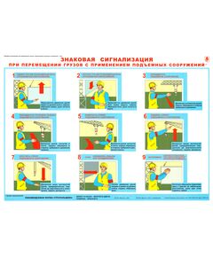 Плакат: Знаковая сигнализация при перемещении грузов с применением подъемных сооружений, 1 штука,  формат А2, ламинированный - Подъемные сооружения, Плакаты (различные типоразмеры) -  1