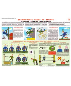 Плакат: Безопасность работ на высоте. Средства защиты работающих, 1 штука, формат А2, ламинированный - Строительство, Плакаты (различные типоразмеры) -  1