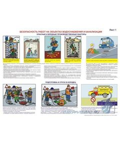 Комплект плакатов: Безопасность работ на объектах водоснабжения и канализации, 2 штуки, формат А2, ламинированные - Охрана труда, Безопасность работ, Плакаты (различные типоразмеры) -  1