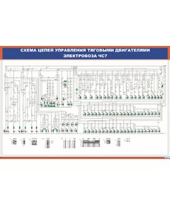 Плакат: Схема цепей управления тяговыми двигателями электровоза ЧС7 (900 х 600 мм, ламинированный, с пластиковым профилем и стальным крючком) - Электровозы постоянного тока, Железнодорожный транспорт -  1