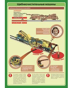 Плакат: Требования безопасности при работе со щебнеочистительными машинами (600 х 900 мм, ламинированный, с пластиковым профилем и стальным крючком) - Путь и путевое хозяйство, (ЦП), Железнодорожный транспорт -  1