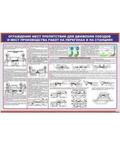 Плакат: Ограждение мест препятствий для движения поездов и мест производства работ на перегонах и на станциях (900 х 600 мм, ламинированный, с пластиковым профилем и стальным крючком) - Путь и путевое хозяйство, (ЦП), Железнодорожный транспорт -  1