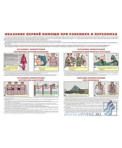 Плакат: Оказание первой помощи при ранениях и переломах, 1 штука, формат А2, ламинированный - Первая помощь, Плакаты (различные типоразмеры) -  1