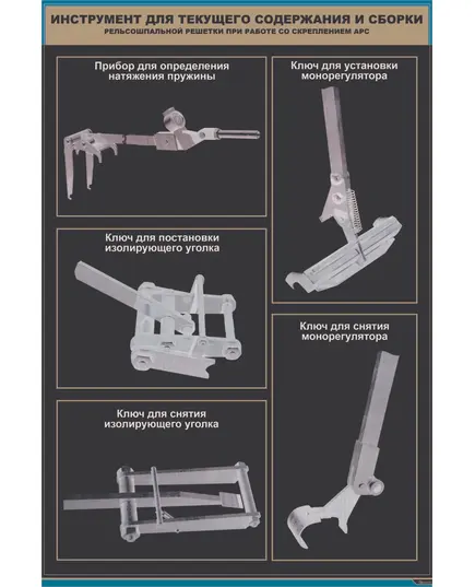 Плакат: Инструмент для текущего содержания и сборки рельсошпальной решетки при работе со скреплением АРС (600 х 900 мм, ламинированный, с пластиковым профилем и  крючком)