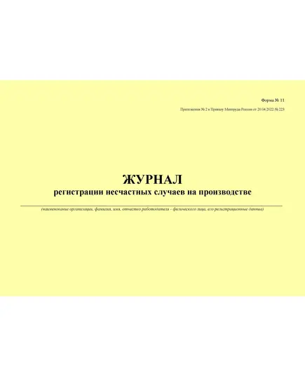 Журнал регистрации несчастных случаев на производстве. Форма № 11 Приложения № 2 к Приказу Минтруда России от 20.04.2022 № 223н (альбомный, прошитый, 100 страниц)