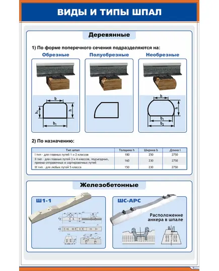 Плакат: Виды и типы шпал (600 х 900 мм, ламинированный с пластиковым профилем и  крючком)