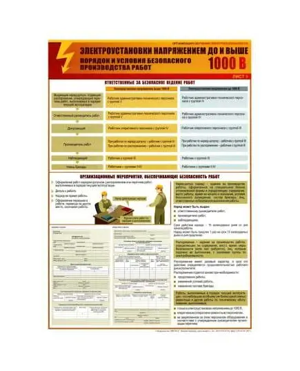 Комплект плакатов: Электроустановки напряжением до и выше 1000 В. Порядок и условия производства работ, 3 штуки, формат А2, ламинированные