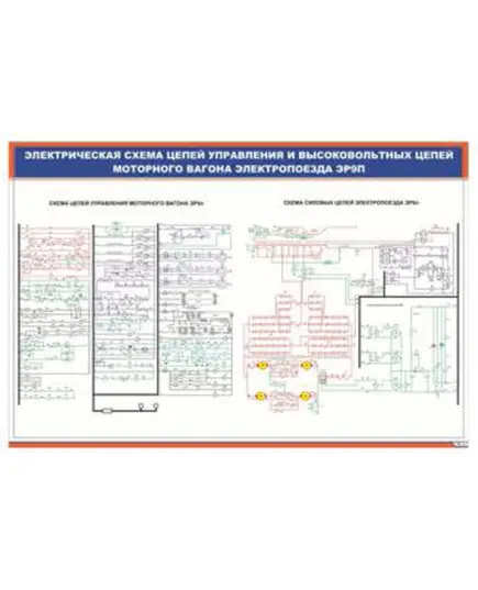 Плакат: Электрическая схема цепей управления и высоковольтных цепей моторного вагона электропоезда ЭР9п (900 х 600 мм, ламинированный, с пластиковым профилем и стальным крючком)