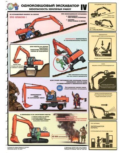 Комплект плакатов: Одноковшевый экскаватор. Безопасность земляных работ, 4 листа, формат А2, ламинированные