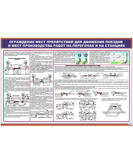 Плакат: Ограждение мест препятствий для движения поездов и мест производства работ на перегонах и на станциях (900 х 600 мм, ламинированный, с пластиковым профилем и стальным крючком)