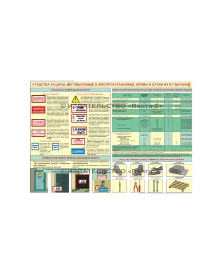 Плакат: Средства защиты. используемые в электроустановках. Нормы и сроки их испытаний, 1 штука, формат А2, ламинированный