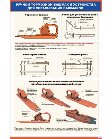 Плакат: Ручной тормозной башмак и устройства для сбрасывания башмаков (600 х 900 мм, ламинированный, с пластиковым профилем и стальным крючком)