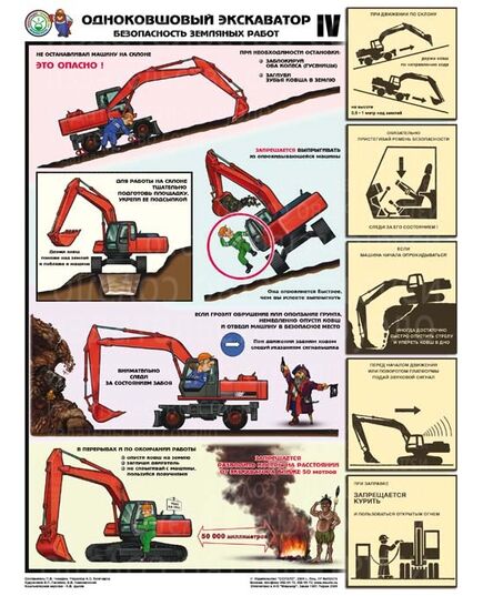 Комплект плакатов: Одноковшовый экскаватор. Безопасность земляных работ, 4 листа, формат А2, ламинированные