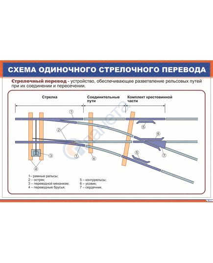 Плакат: Схема одиночного стрелочного перевода (900 х 600 мм, ламинированный, с пластиковым профилем и стальным крючком)