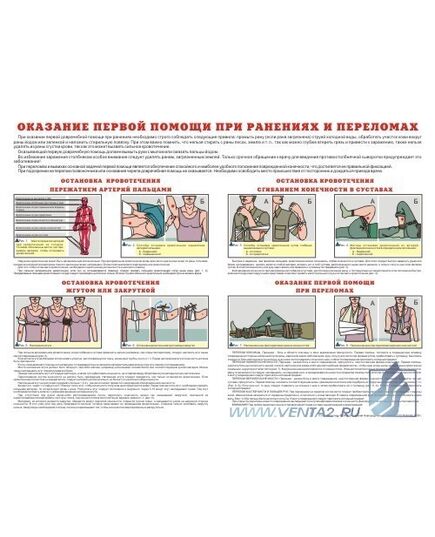 Плакат: Оказание первой помощи при ранениях и переломах, 1 штука, формат А2, ламинированный