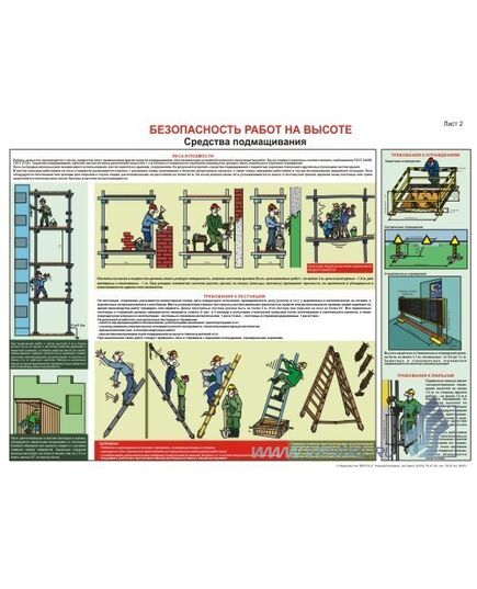 Плакат: Безопасность работ на высоте. Средства подмащивания, 1 штука, формат А2, ламинированный