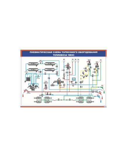 Плакат: Пневматическая схема тормозного оборудования тепловоза ЧМЭ3 (900 х 600 мм, ламинированный, с пластиковым профилем и стальным крючком)
