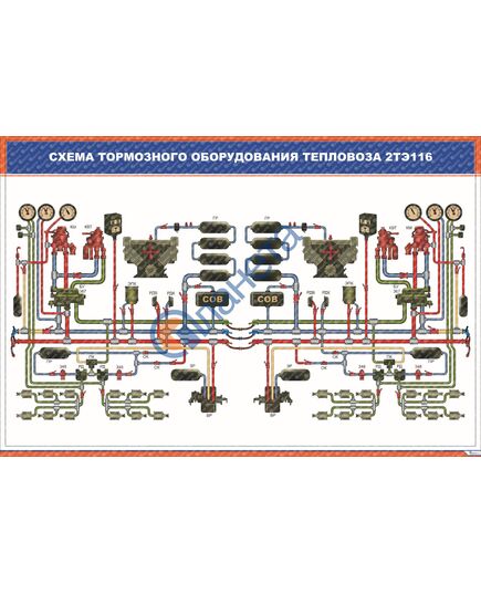 Схема тормозного оборудования тепловоза 2ТЭ116 (600 х 900 мм, ламинированный, с пластиковым профилем и стальным крючком)