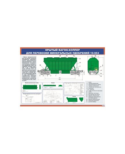 Плакат: Крытый вагон-хоппер для перевозки минеральных удобрений 19-953 (900 х 600 мм, ламинированный, с пластиковым профилем и стальным крючком)