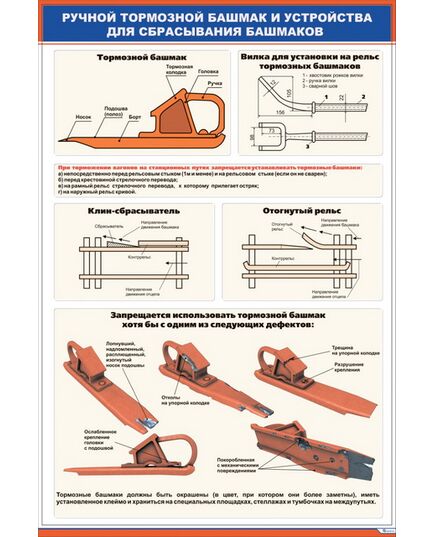 Плакат: Ручной тормозной башмак и устройства для сбрасывания башмаков (600 х 900 мм, ламинированный, с пластиковым профилем и стальным крючком) - ПТЭ и безопасность движения, (ЦРБ), Железнодорожный транспорт -  1