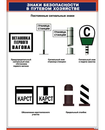 Комплект плакатов: Знаки безопасности в путевом хозяйстве. 8 шт. (420х594 мм, ламинированные, фомат А2) - Путь и путевое хозяйство, (ЦП), Железнодорожный транспорт -  1