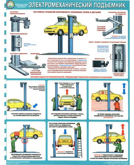 П1-А-сервис Безопасность работ в авторемонтной мастерской. Электромеханический подъемник. 1 лист, ламинированный, формат А-2 - Автомобильный транспорт, Плакаты (различные типоразмеры) -  1