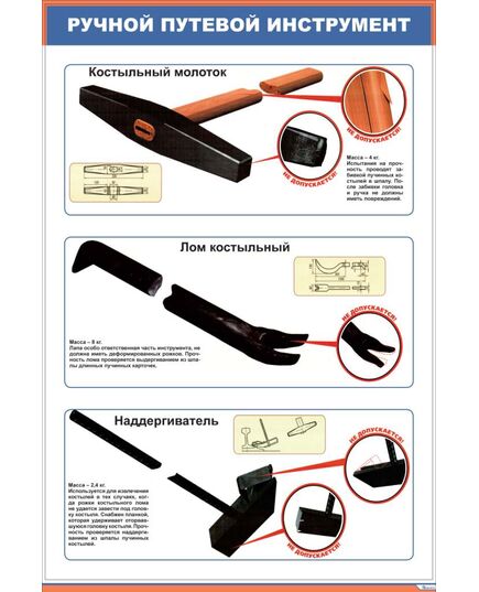 Плакат: Ручной путевой инструмент. Костыльный молоток (600 х 900 мм, ламинированный, с пластиковым профилем и  крючком) - Путь и путевое хозяйство, (ЦП), Железнодорожный транспорт -  1