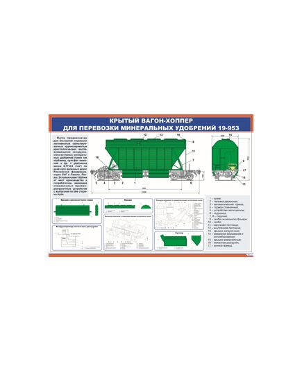 Плакат: Крытый вагон-хоппер для перевозки минеральных удобрений 19-953 (900 х 600 мм, ламинированный, с пластиковым профилем и стальным крючком) - Вагоны и вагонное хозяйство, (ЦВ, ЦЛ), Железнодорожный транспорт -  1