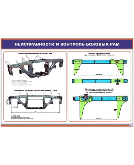 Плакат: Неисправности и контроль боковых рам (600 х 900 мм, ламинированный с пластиковым профилем стальным крючком) - Вагоны и вагонное хозяйство, (ЦВ, ЦЛ), Железнодорожный транспорт -  1