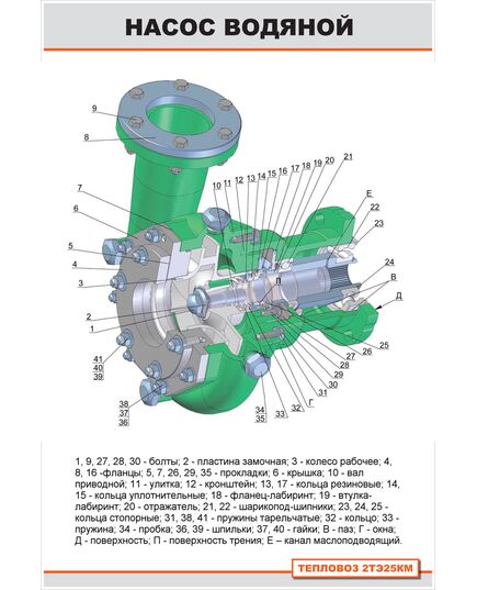 Плакат: Насос водяной (600 х 900 мм, ламинированный с пластиковым профилем и крючком) - Локомотивы и локомотивное хозяйство, (ЦТ, ЦТР), Железнодорожный транспорт -  1