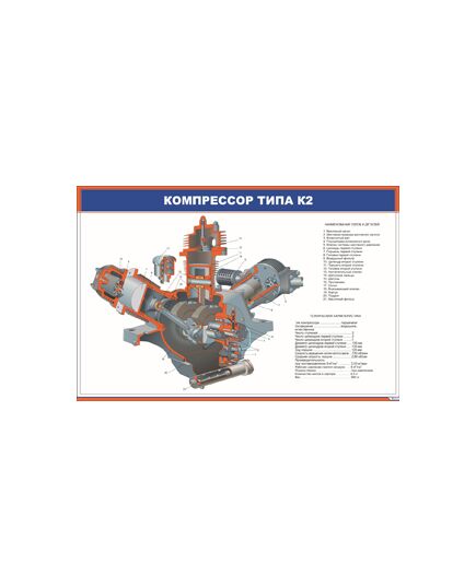 Плакат: Компрессор типа К2 (900 х 600 мм, ламинированный, с пластиковым профилем и стальным крючком) - Автотормоза подвижного состава, Железнодорожный транспорт -  1