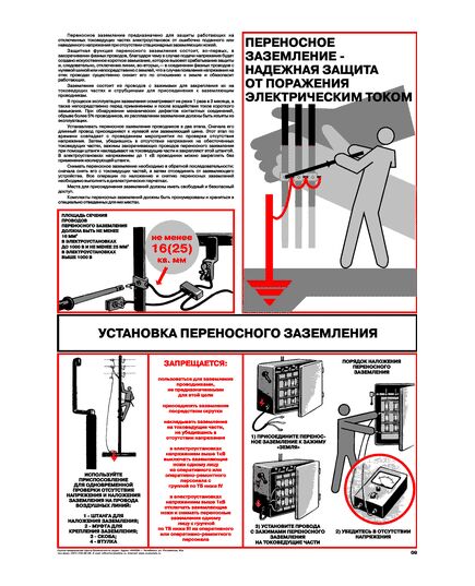 Плакат: Установка переносного заземления, 1 штука, формат А2, ламинированный - Энергетика, Электробезопасность, Плакаты (различные типоразмеры) -  1