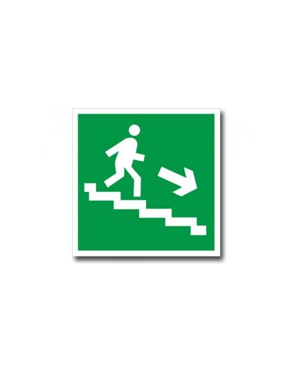 Направление к эвакуационному выходу по лестнице вниз направо (наклейка)200*200 мм - Эвакуационные знаки, (E), Знаки безопасности (самоклейка, пластик, металл) -  1