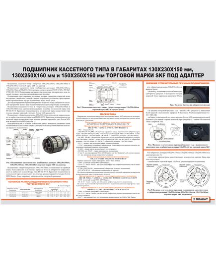 Плакат: Подшипник кассетного типа в габаритах 130х230х150 мм, 130х250х160 мм и 150х250х160 мм торговой марки SKF под адаптер (900 х 600 мм, ламинированный, с пластиковым профилем и  крючком) - Вагоны и вагонное хозяйство, (ЦВ, ЦЛ), Железнодорожный транспорт -  1