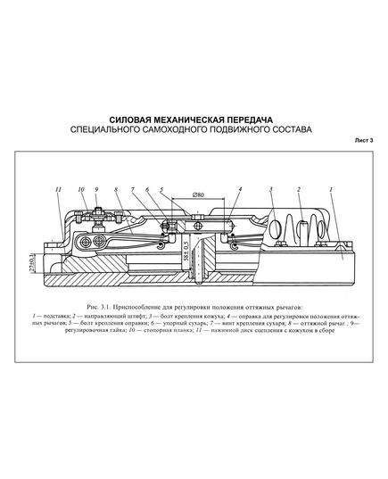 Плакат: Приспособления для регулировки положения оттяжных рычагов,  лист 3, формат А3, ламинированный - Альбом чертежей, Силовая механическая передача специального самоходного подвижного состава, Железнодорожный транспорт -  1
