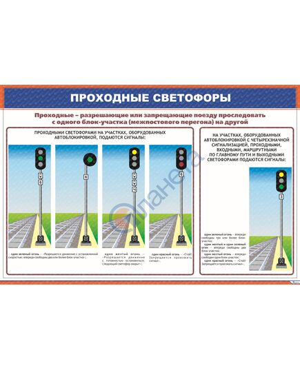 Плакат: Проходные светофоры (900 х 600 мм, ламинированный, с пластиковым профилем и  крючком) - ПТЭ и безопасность движения, (ЦРБ), Железнодорожный транспорт -  1