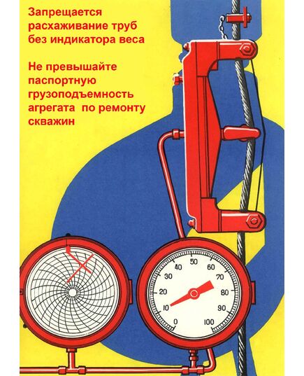 Плакат: Запрещается расхаживание труб без индикатора веса. Не превышайте паспортную грузоподъемность агрегата  по ремонту скважин, 1 штука, формат А3, ламинированный - Охрана труда, Безопасность работ, Плакаты (различные типоразмеры) -  1