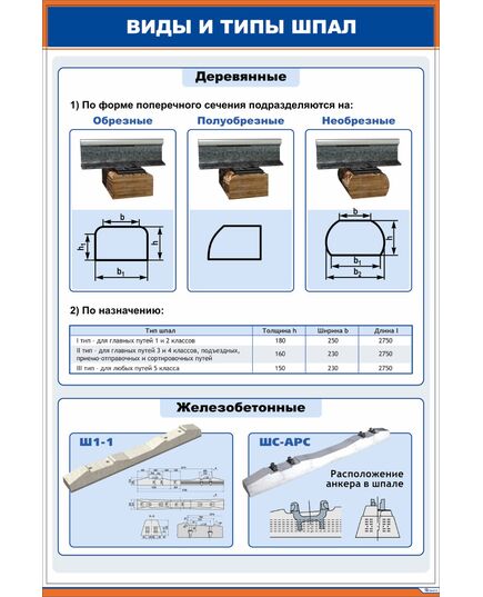 Плакат: Виды и типы шпал (600 х 900 мм, ламинированный с пластиковым профилем и  крючком) - Путь и путевое хозяйство, (ЦП), Железнодорожный транспорт -  1