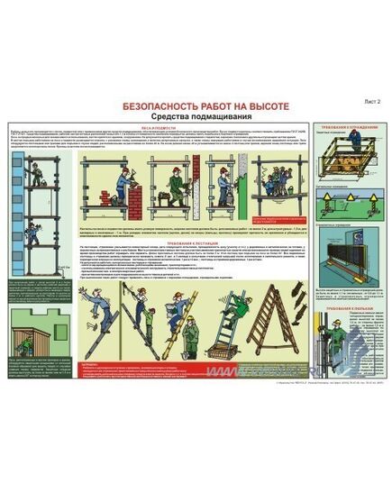 Плакат: Безопасность работ на высоте. Средства подмащивания, 1 штука, формат А2, ламинированный - Строительство, Плакаты (различные типоразмеры) -  1