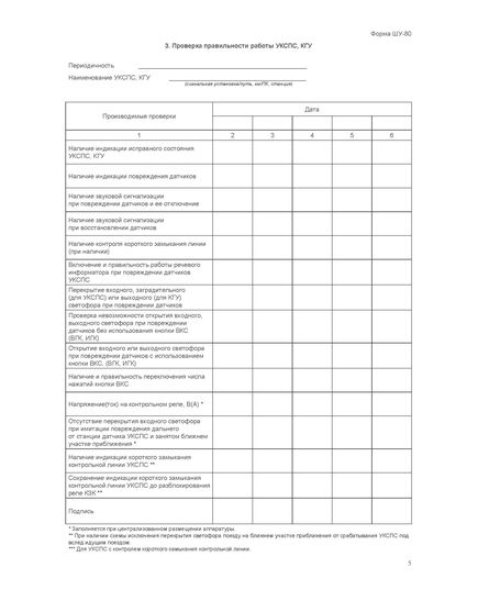 Форма ШУ-80. Журнал проверки устройств контроля схода подвижного состава (УКСПС) и контрольно-габаритных устройств (КГУ), утв. Распоряжением ОАО "РЖД" от 05.04.2024 № 891/р (книжный, нумерованный, прошитый, 104 стр.) - Автоматика и телемеханика на железнодорожном транспорте (ЦШ), Железнодорожный транспорт -  4