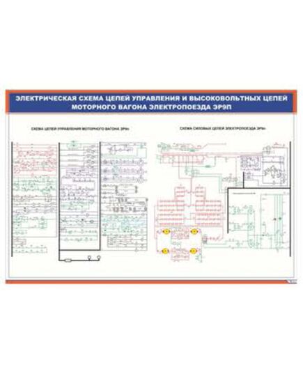 Плакат: Электрическая схема цепей управления и высоковольтных цепей моторного вагона электропоезда ЭР9п (900 х 600 мм, ламинированный, с пластиковым профилем и стальным крючком) - Моторвагонный подвижной состав, Железнодорожный транспорт -  1