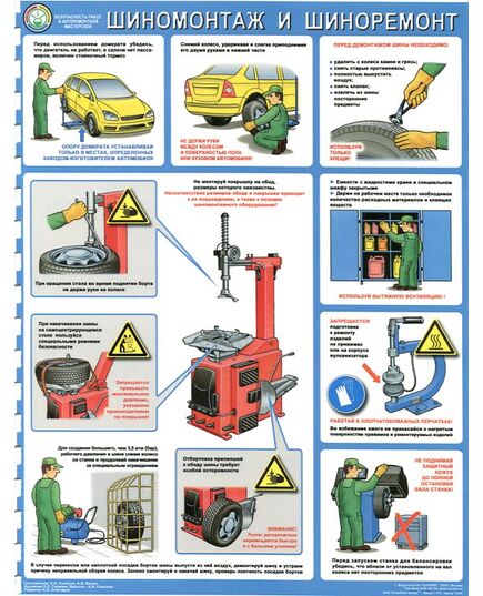 Плакат: Безопасность работ в авторемонтной мастерской. Шиномонтаж и шиноремонт,1 лист, ламинированный, А2 - Автомобильный транспорт, Плакаты (различные типоразмеры) -  1