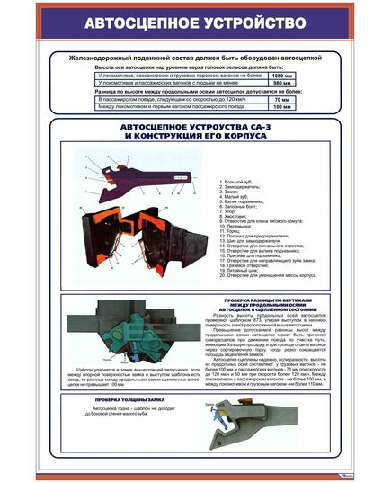 Плакат: Автосцепное устройство СА-3 и конструкция его корпуса. 1/1 (600 х 900 мм, ламинированный, с пластиковым профилем и стальным крючком) - Вагоны и вагонное хозяйство, (ЦВ, ЦЛ), Железнодорожный транспорт -  1