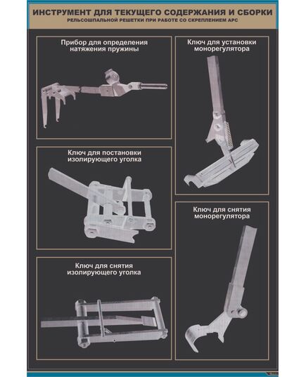 Плакат: Инструмент для текущего содержания и сборки рельсошпальной решетки при работе со скреплением АРС (600 х 900 мм, ламинированный, с пластиковым профилем и  крючком) - Путь и путевое хозяйство, (ЦП), Железнодорожный транспорт -  1